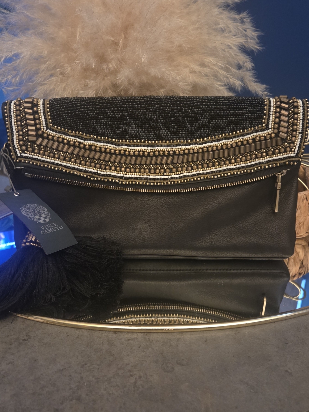 Vince Camuto NWT Bessy Black Gold Beaded Clutch MSRP $228
